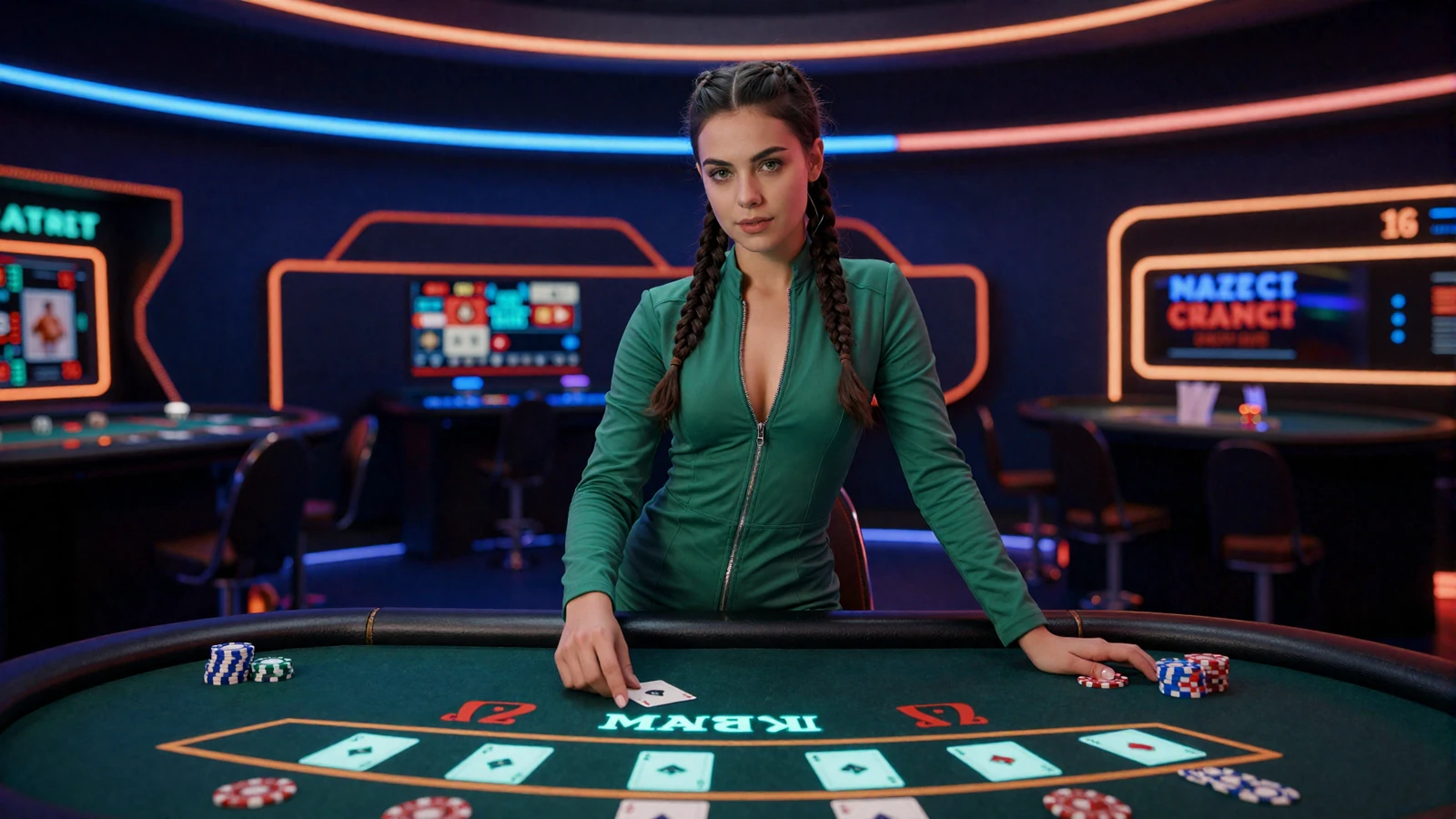Model im futuristischen Smaragd-Bodysuit am holografischen Blackjack-Tisch mit schwebenden Assen im Betsson Online Casino Deutschland