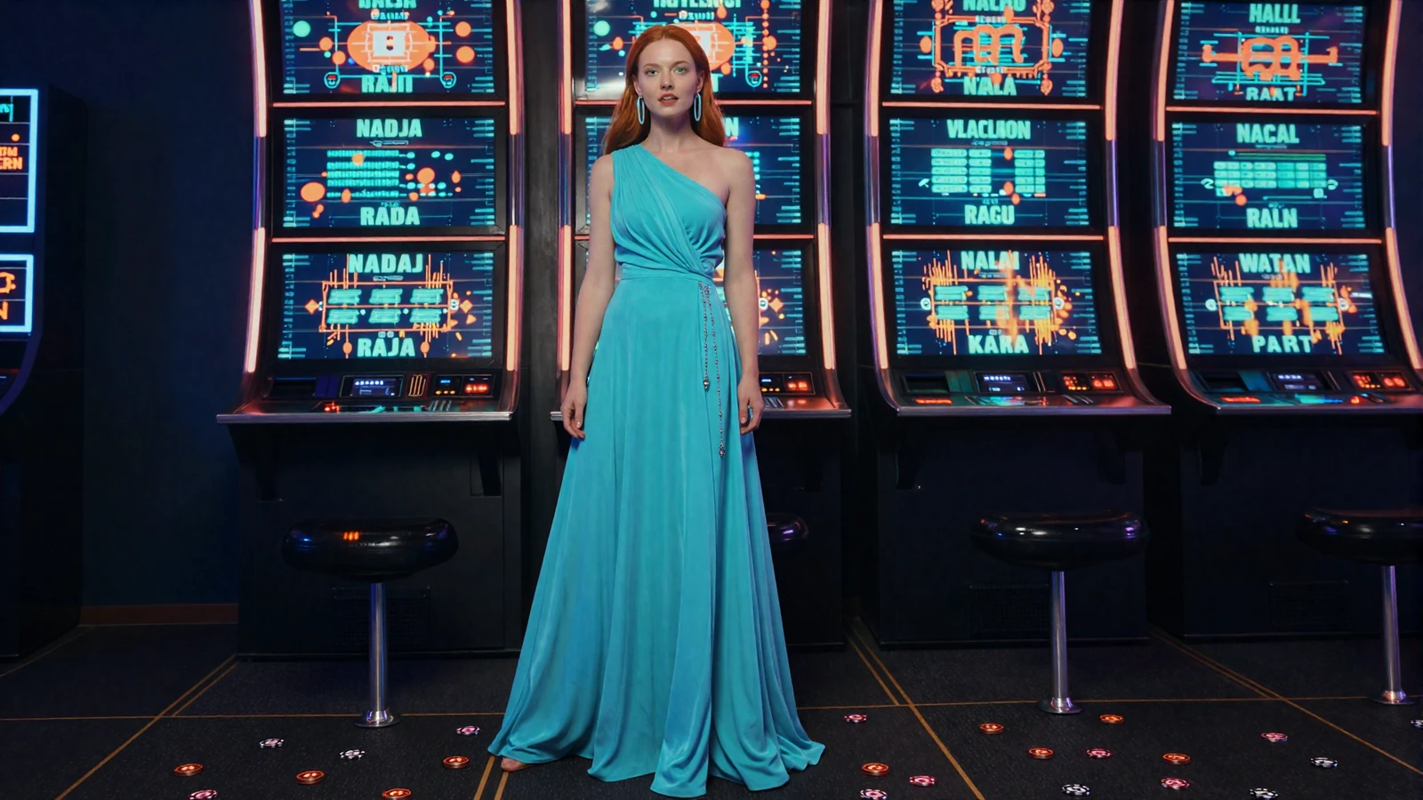 Model in neonfarbenem Kleid vor holografischer Slot-Wand im Betsson Online Casino Echtgeld mit t&uuml;rkis-orangen Neoneffekten