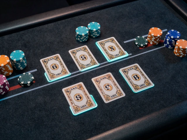 Baccarat-Tisch mit Player- und Banker-Kartenfeldern und t&uuml;rkisen Neonkanten im Betsson Casino von oben
