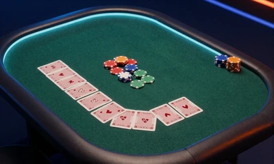 Baccarat-Tisch mit aufgef&auml;cherten Karten und Chips im Betsson Casino von oben