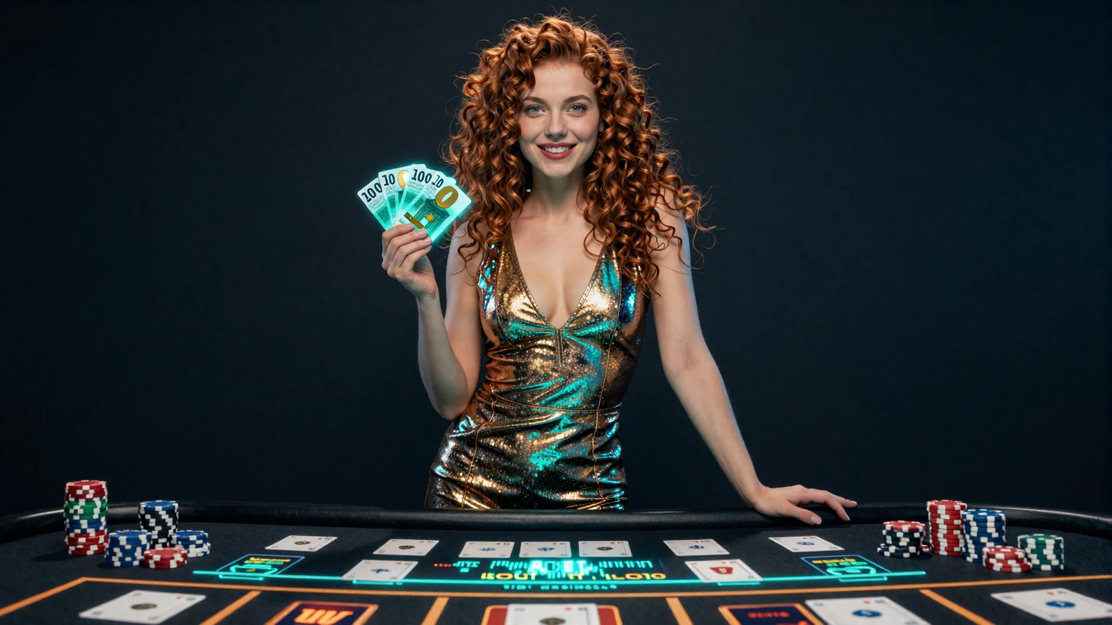 Model im gold-t&uuml;rkisen Cyber-Glam-Kleid h&auml;lt einen leuchtenden &euro;1.000 Bonus-Token am holografischen Tisch im Betsson Casino Willkommensbonus