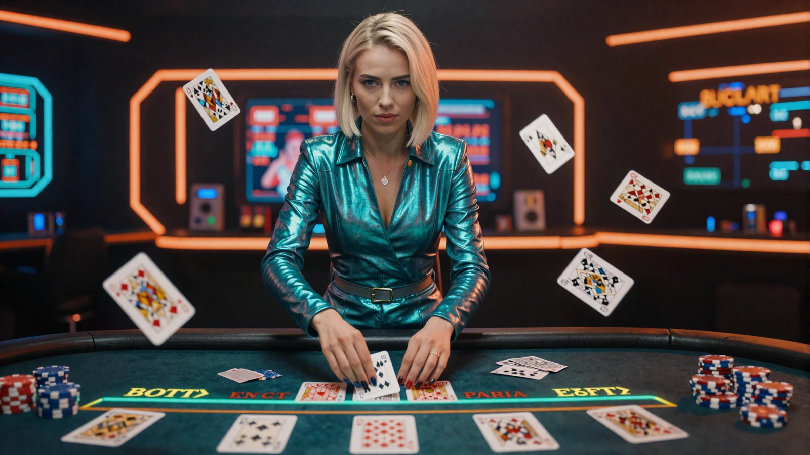 Live-Dealerin am holografischen Blackjack-Tisch im Betsson Live Casino online mit t&uuml;rkis-orangen Neoneffekten